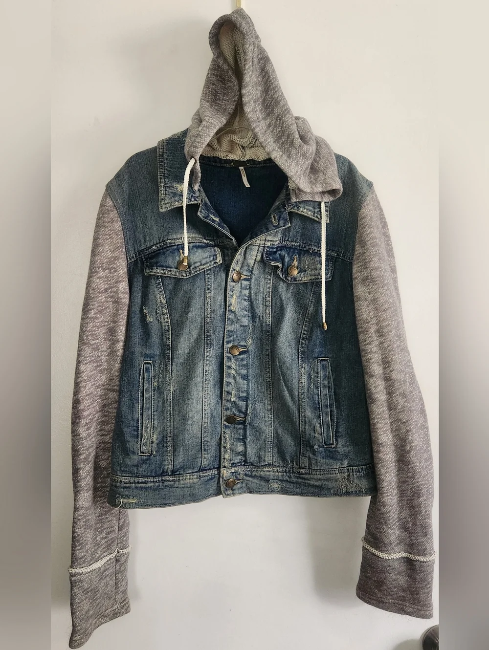 Free People Denim Distressed Jacket With Removable Hoodie Women's Size Large - Picture 2 of 11